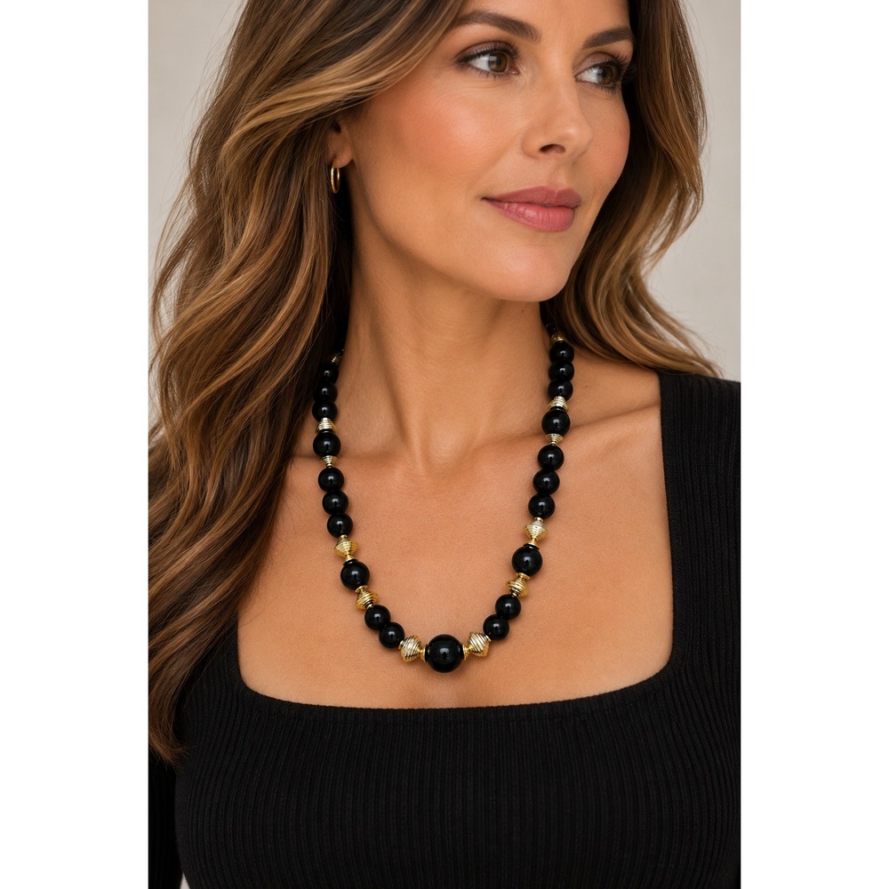 Black Gold Beaded Necklace Preppy Quiet Luxury Classic 23.5" Career Holidays